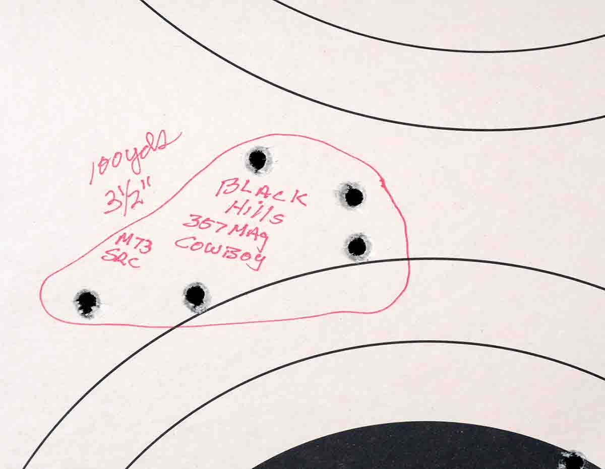This 100-yard group was about average for the new Winchester ’73 .38 Special/.357 Magnum with good loads.